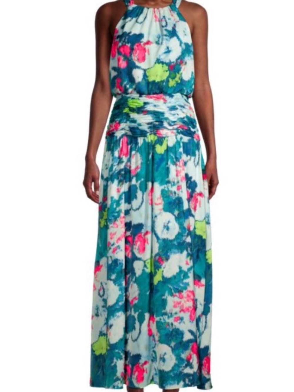 Emanuel Ungaro Teal, White & Neon Floral Maxi Dress